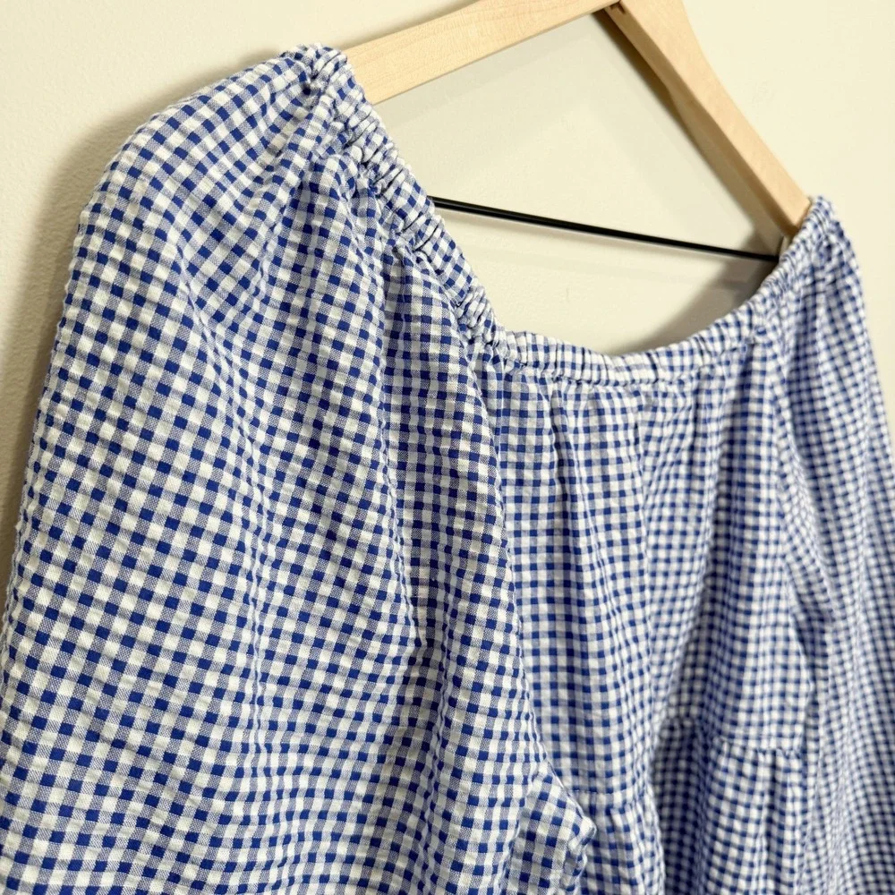 Old Navy M Tiered Blue Gingham Seersucker Long‎ Sleeve Top Puff Sleeve Wide Neck